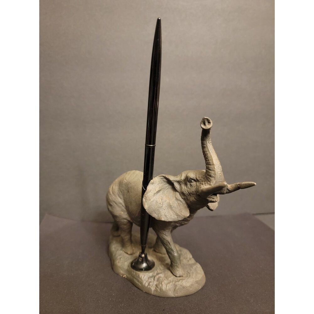 Vtg Elephant Sculpture Pen Holder Heavy Metal Raised Trunk/Good Fortune